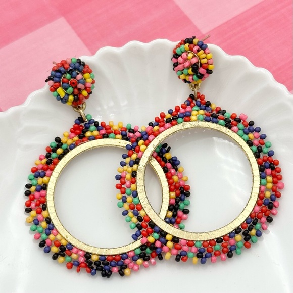 🌼 Multicolor Seed Bead Open Circle Hoop Post Drop Dangle Earrings - Picture 1 of 3